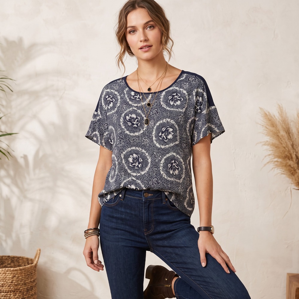 LOFT Navy White Floral Medallion Top Coastal Grandma Quiet Luxury Boho Indie XL